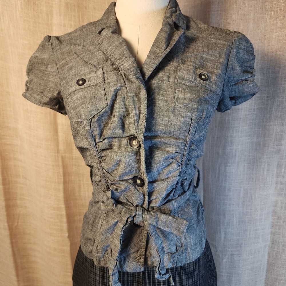 IZ Byer Grey Cotton Ruched Short Sleeve Button Up Tie Waist Jacket Size M